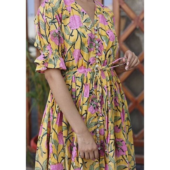 Fox & the Mermaid Venice floral block printed cotton midi dress Sz M/L NWT - Picture 3 of 11